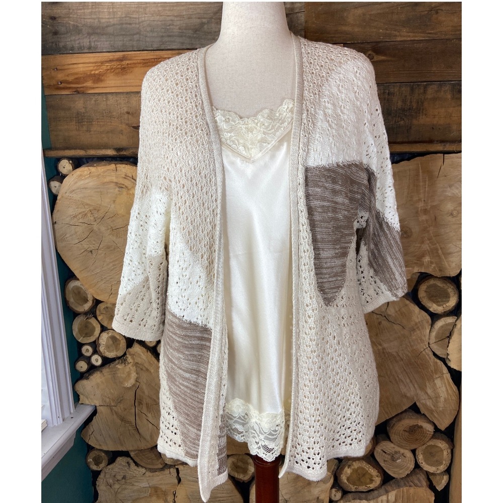 Style & Co Womens Cream Taupe Colorblock Open Knit Cotton Cardigan Sweater L‎